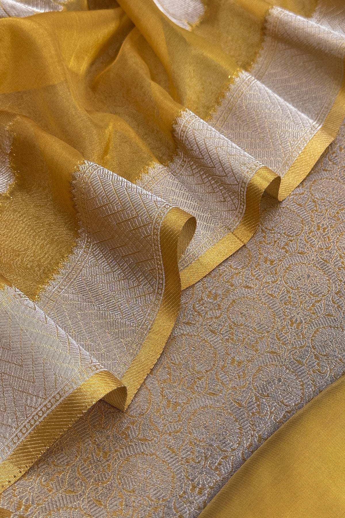 Mustard Designer Pure Brocade Silk Kurta And Organza Dupatta