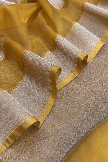 Mustard Designer Pure Brocade Silk Kurta And Organza Dupatta