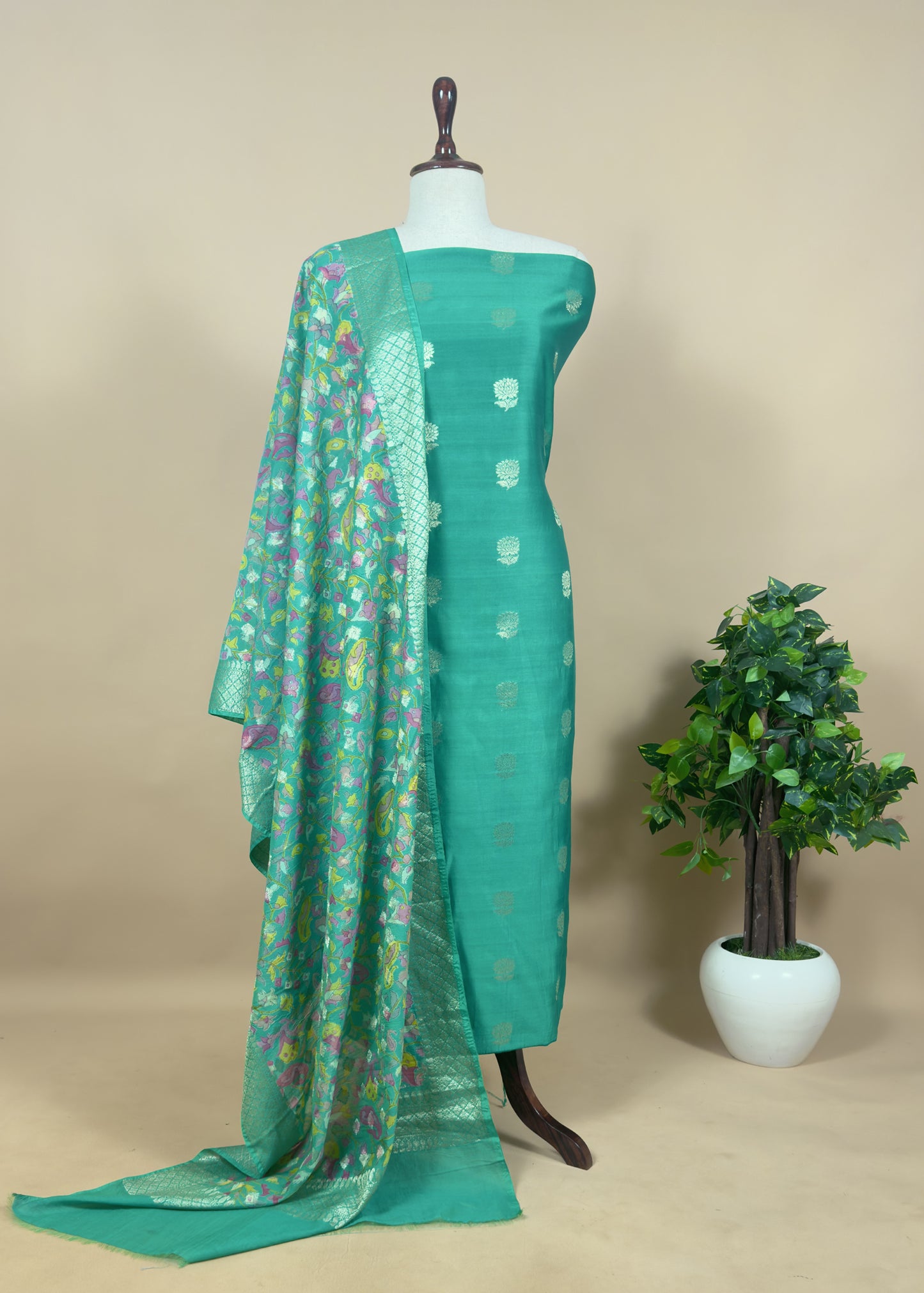 Green Banarasi Suit With Kalamkari Dupatta