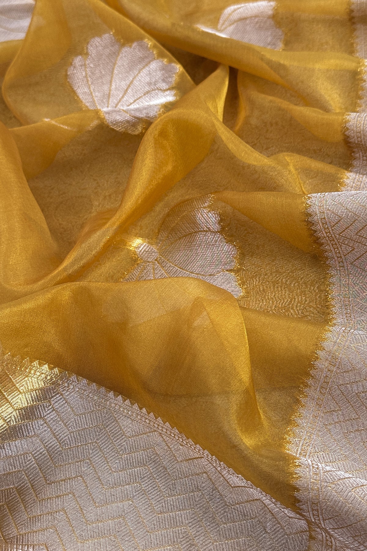 Mustard Designer Pure Brocade Silk Kurta And Organza Dupatta