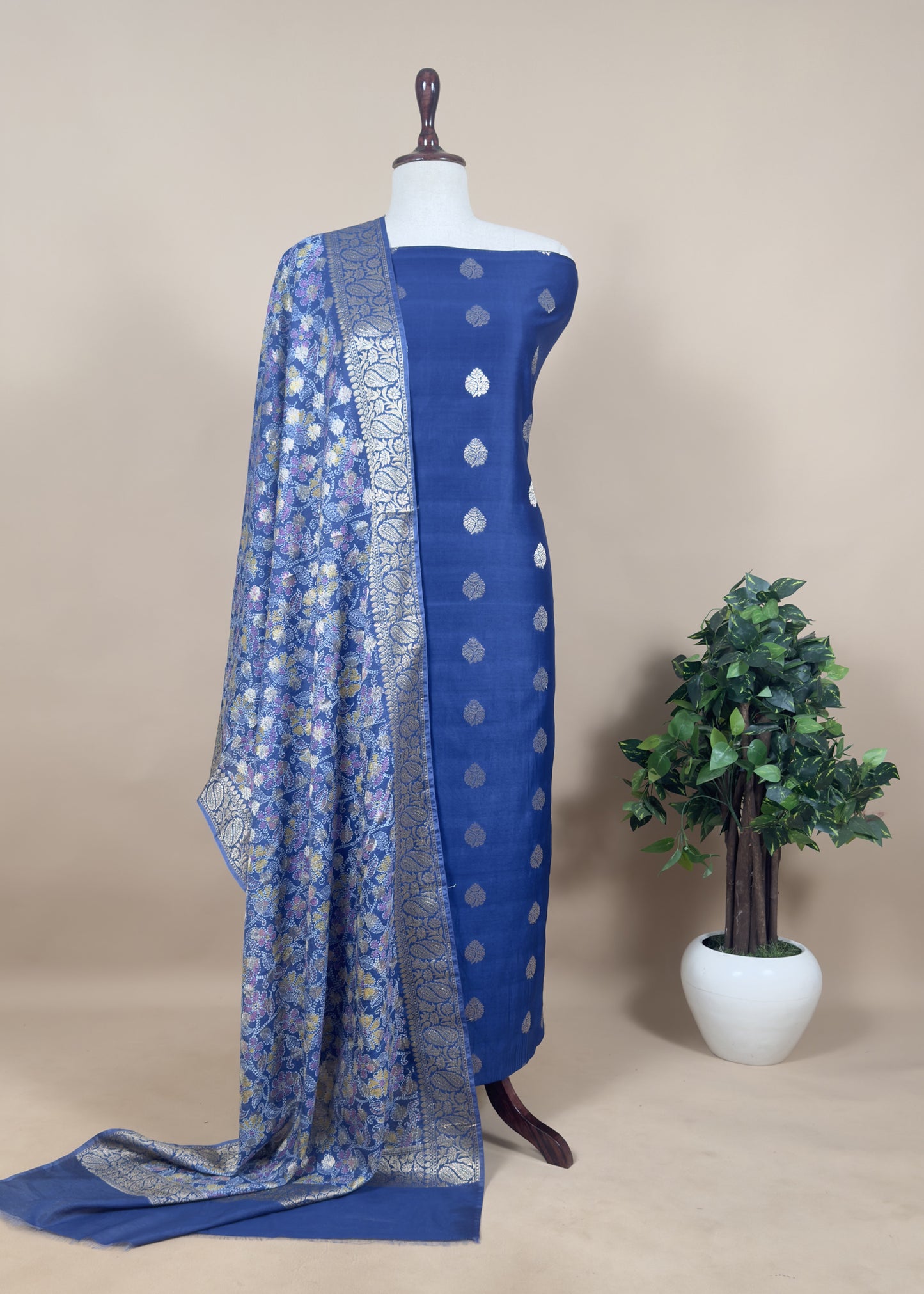 Royal Blue Banarasi Suit With Kalamkari Dupatta