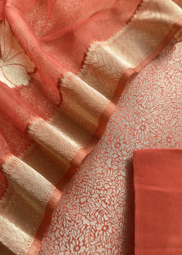 Orange Brocade Kurta With Organza Dupatta