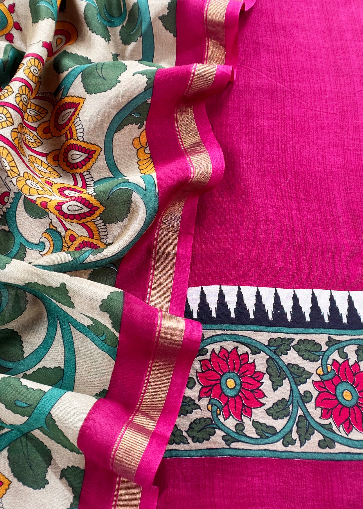 Rani Pink Pure Maheshwari Unstitched Suits With Kalamkari Dupatta