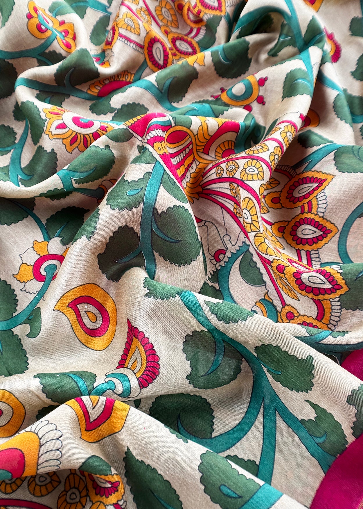 Rani Pink Pure Maheshwari Unstitched Suits With Kalamkari Dupatta