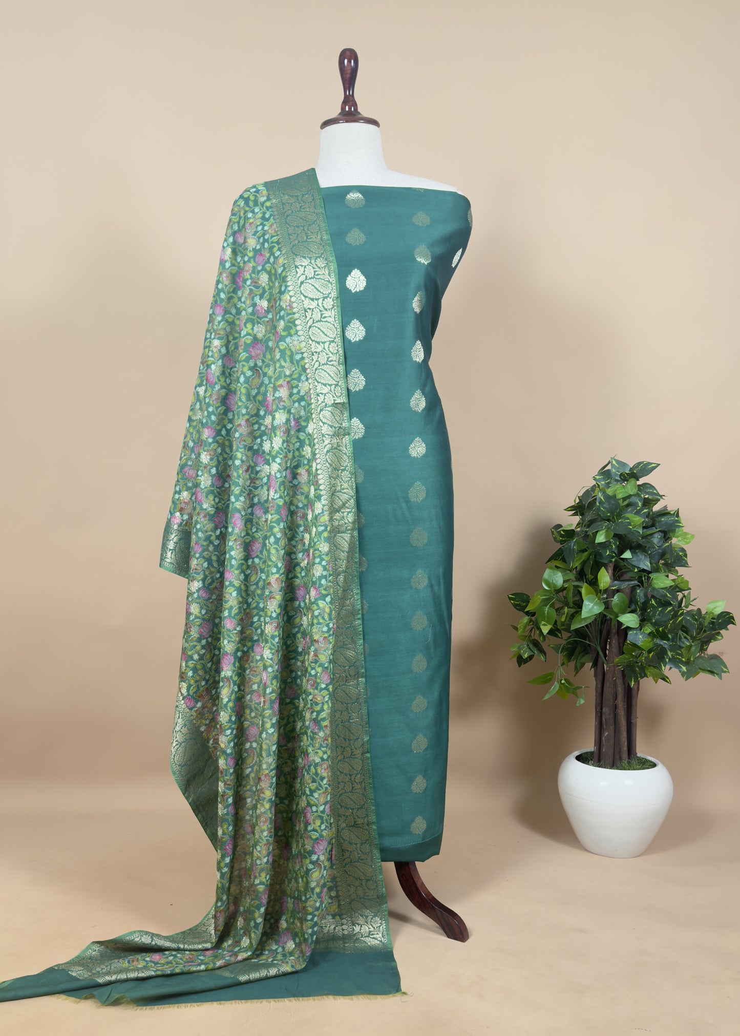 Blue Banarasi Suit With Kalamkari Dupatta