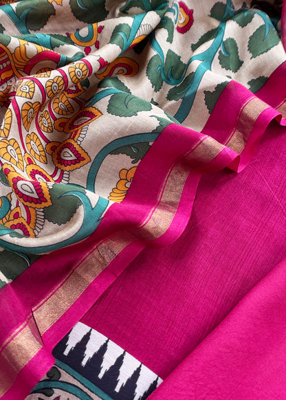 Rani Pink Pure Maheshwari Unstitched Suits With Kalamkari Dupatta