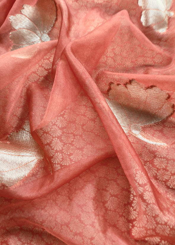 Orange Banarasi Silk Brocade Suit With Organza Dupatta
