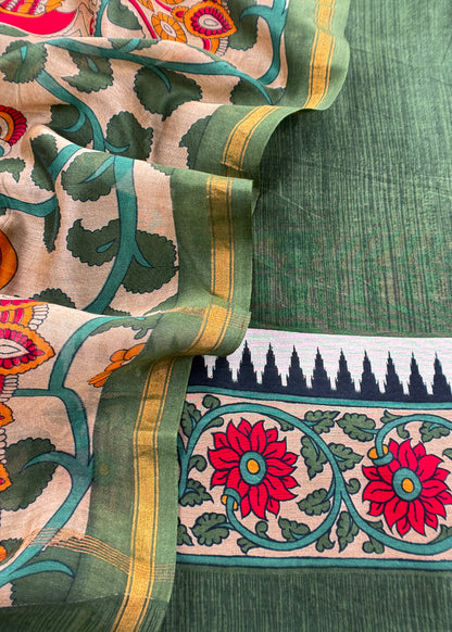 Green Pure Maheshwari Unstitched Suits With Kalamkari Dupatta