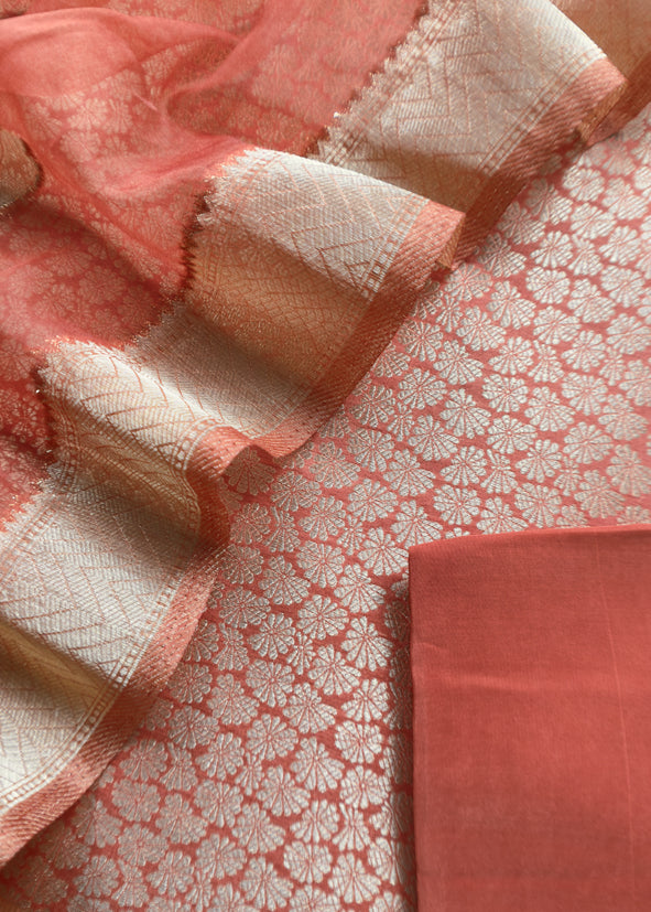 Orange Banarasi Silk Brocade Suit With Organza Dupatta