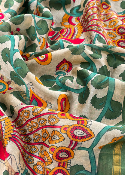 Green Pure Maheshwari Unstitched Suits With Kalamkari Dupatta