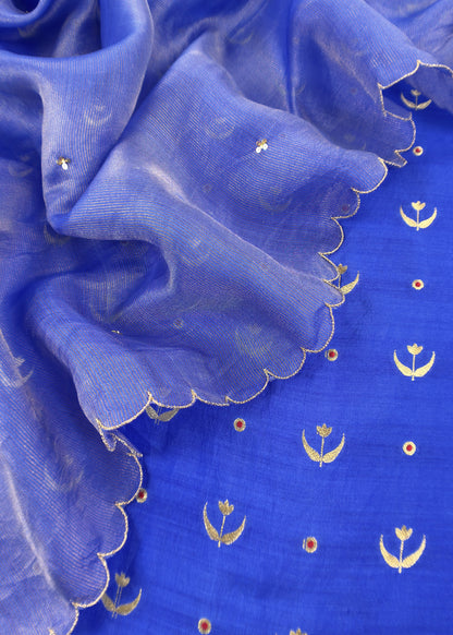 Blue Chaandbaali Pure Satin Silk Kurta And Tissue Silk Dupatta With Handwork