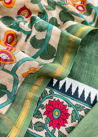 Green Pure Maheshwari Unstitched Suits With Kalamkari Dupatta