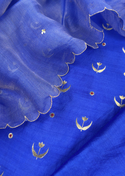 Blue Chaandbaali Pure Satin Silk Kurta And Tissue Silk Dupatta With Handwork