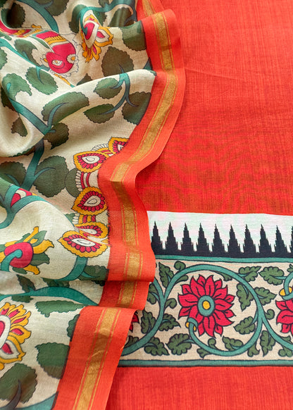 Orange Pure Maheshwari Unstitched Suits With Kalamkari Dupatta