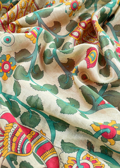 Orange Pure Maheshwari Unstitched Suits With Kalamkari Dupatta