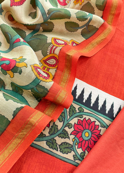 Orange Pure Maheshwari Unstitched Suits With Kalamkari Dupatta