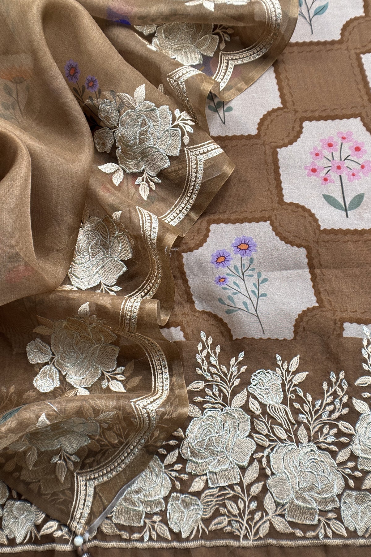 Brown Handloom Kora Silk Suit With Parsi Embroidery