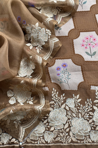 Brown Handloom Kora Silk Suit With Parsi Embroidery