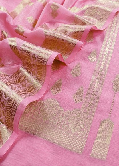 Pink Banarsi Silk Suit With Floral Zari Weaving