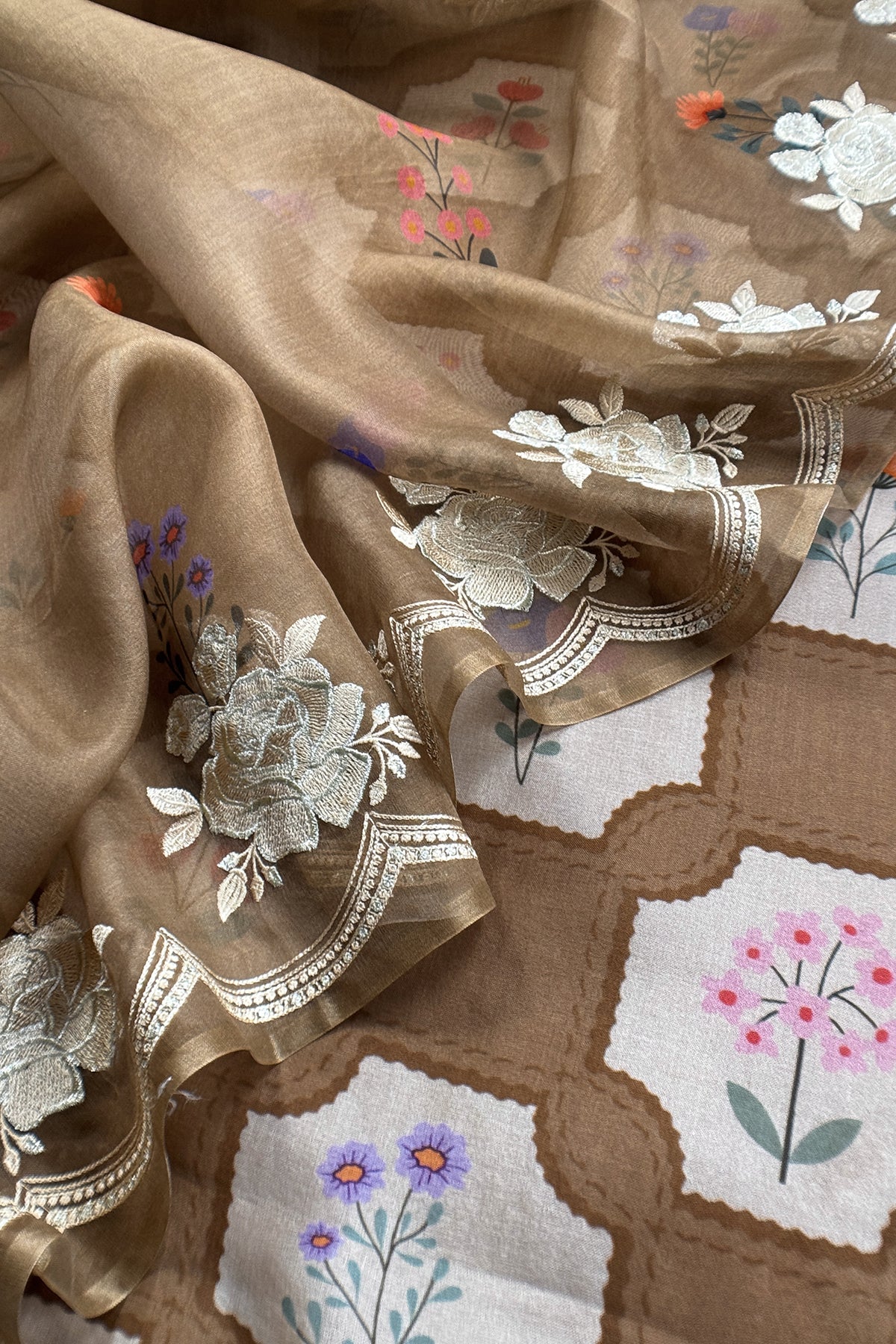 Brown Handloom Kora Silk Suit With Parsi Embroidery