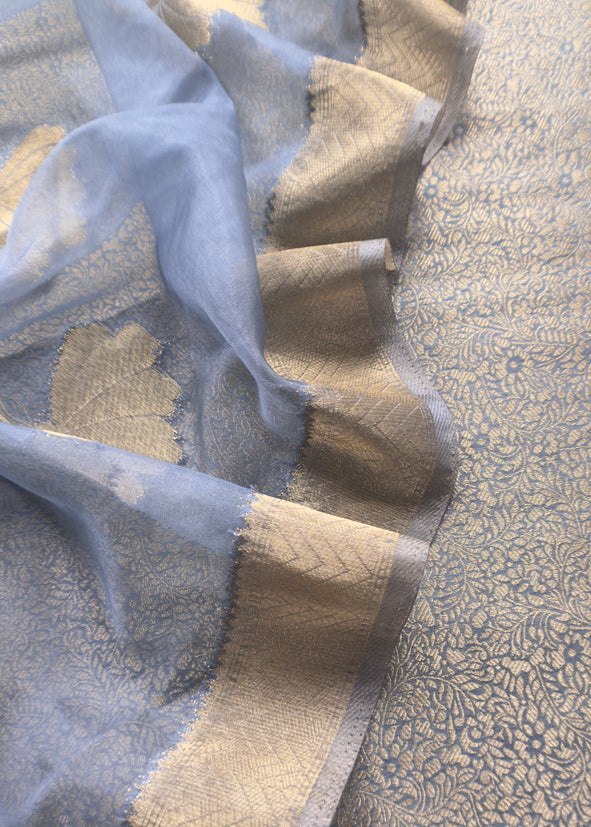 Greyish Blue Brocade Kurta With Organza Dupatta