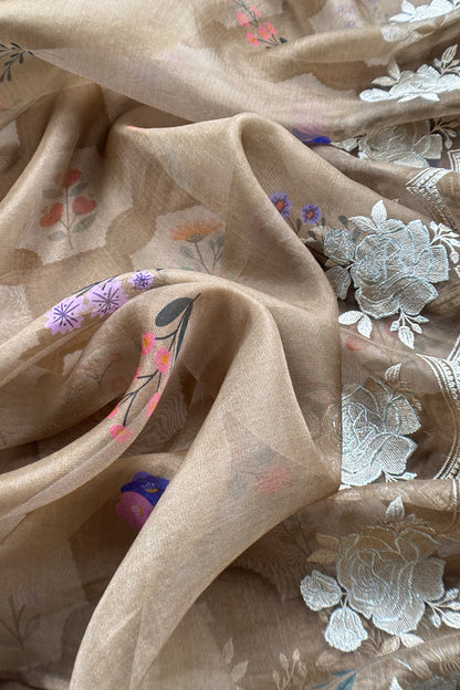 Brown Handloom Kora Silk Suit With Parsi Embroidery