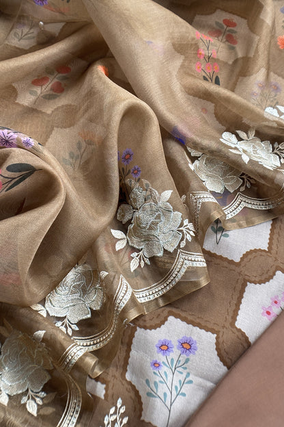 Brown Handloom Kora Silk Suit With Parsi Embroidery