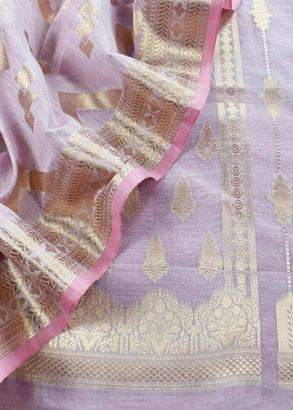 Pastel Purple Banarsi Silk Suit With Floral Zari Weaving