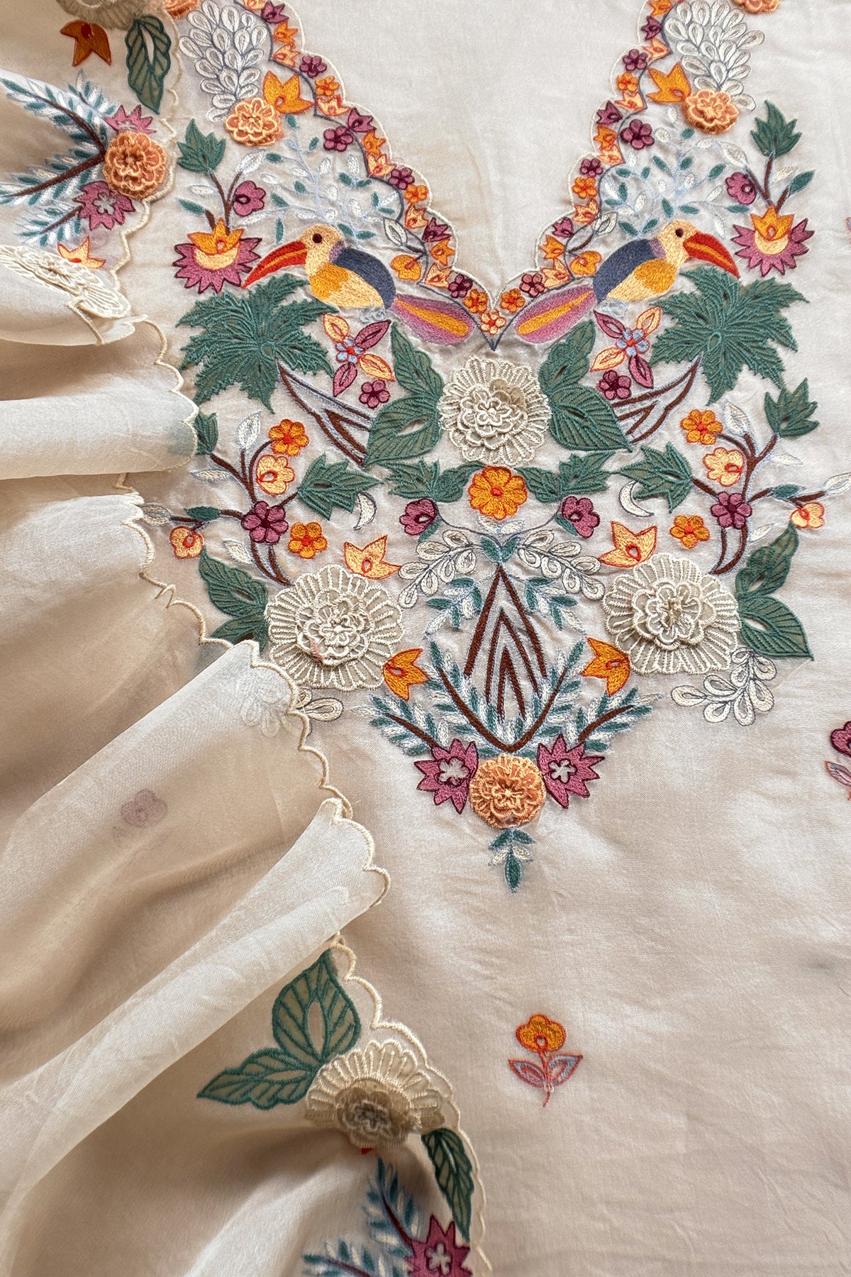 Garden Of Dreams Luxe Ivory Handloom Kora Silk Suit Fabric With Appliqué Work And French Thread Embroidery
