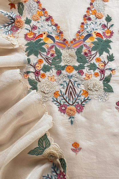 Garden Of Dreams Luxe Ivory Handloom Kora Silk Suit Fabric With Appliqué Work And French Thread Embroidery