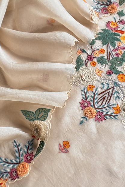 Garden Of Dreams Luxe Ivory Handloom Kora Silk Suit Fabric With Appliqué Work And French Thread Embroidery