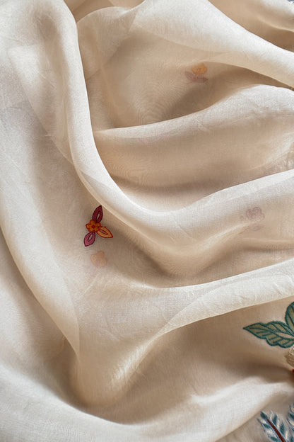 Garden Of Dreams Luxe Ivory Handloom Kora Silk Suit Fabric With Appliqué Work And French Thread Embroidery