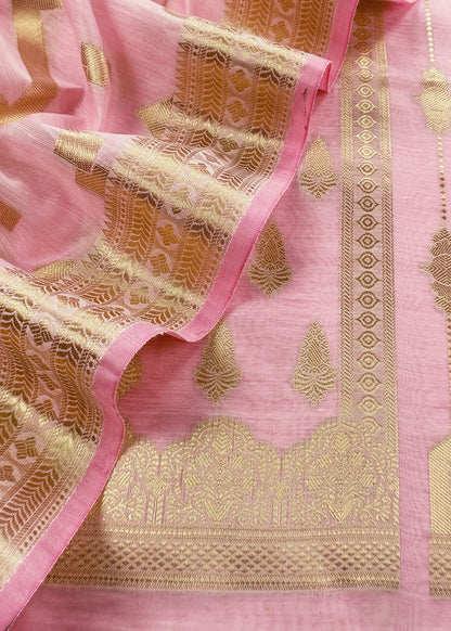 Pink Banarsi Silk Suit With Floral Zari Weaving