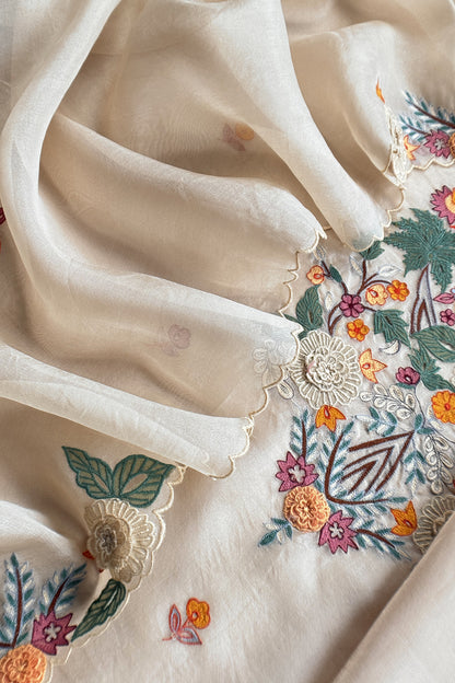 Garden Of Dreams Luxe Ivory Handloom Kora Silk Suit Fabric With Appliqué Work And French Thread Embroidery