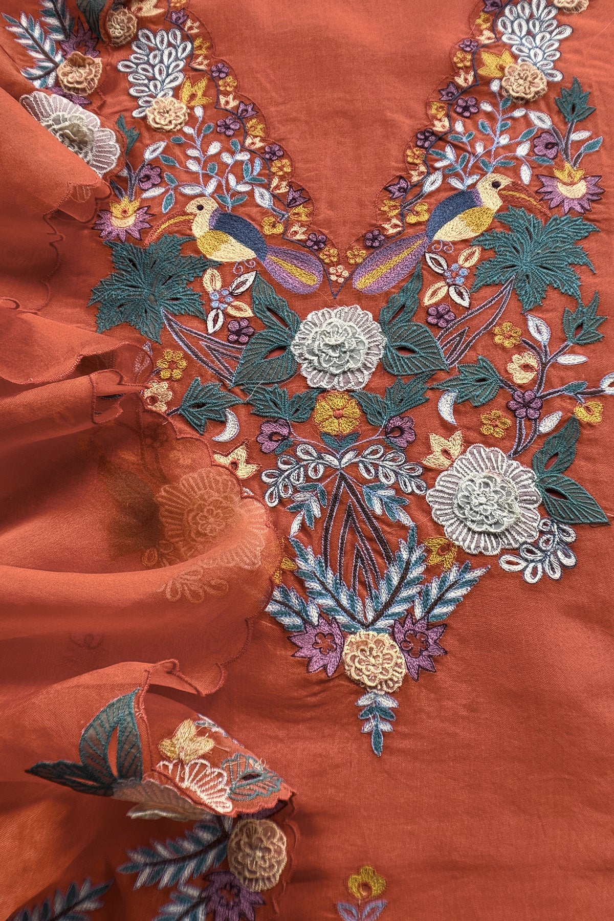 Garden Of Dreams Luxe Rust Orange Handloom Kora Silk Suit Fabric With Appliqué Work And French Thread Embroidery