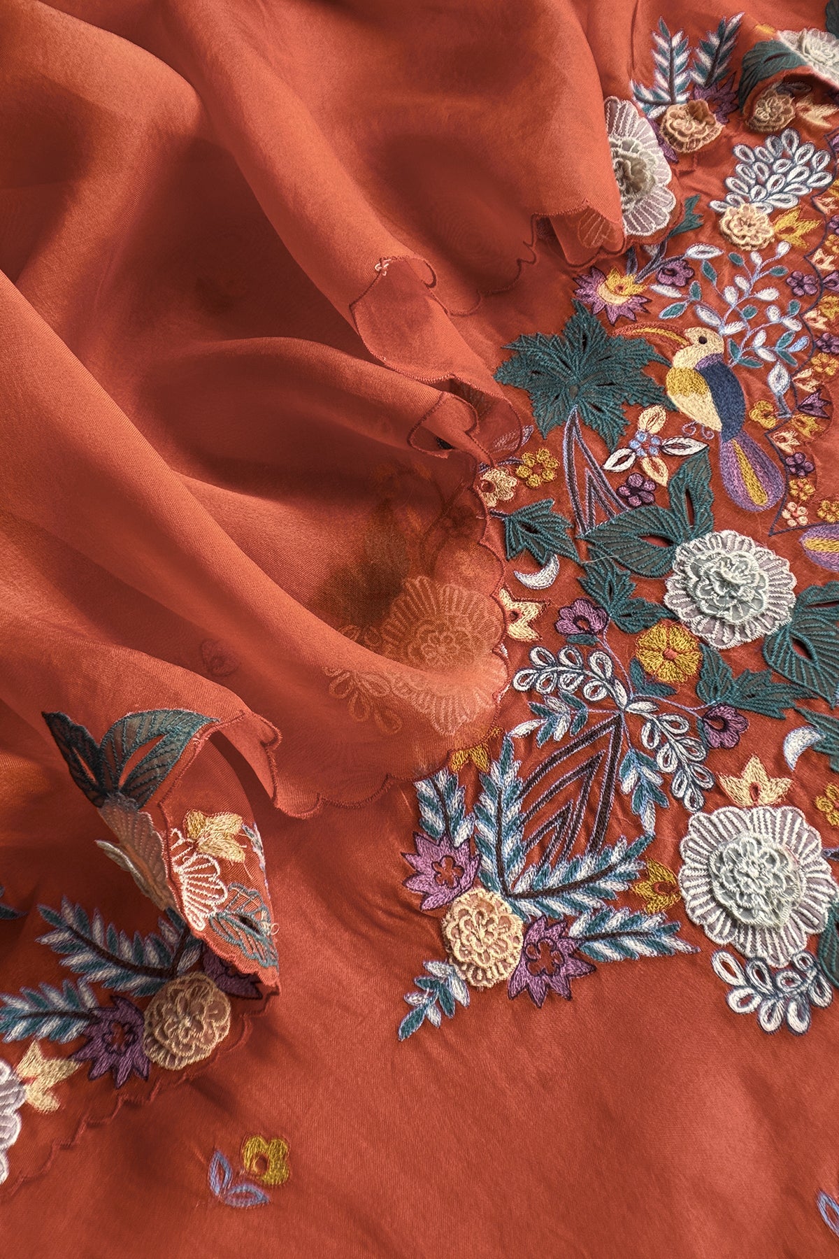 Garden Of Dreams Luxe Rust Orange Handloom Kora Silk Suit Fabric With Appliqué Work And French Thread Embroidery
