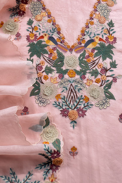 Garden Of Dreams Luxe Baby Pink Handloom Kora Silk Suit Fabric With Appliqué Work And French Thread Embroidery