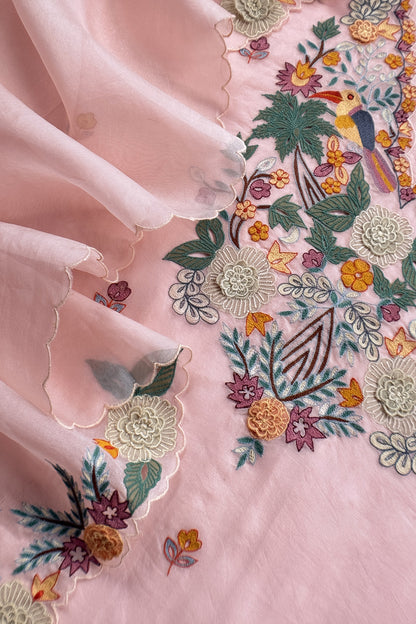Garden Of Dreams Luxe Baby Pink Handloom Kora Silk Suit Fabric With Appliqué Work And French Thread Embroidery