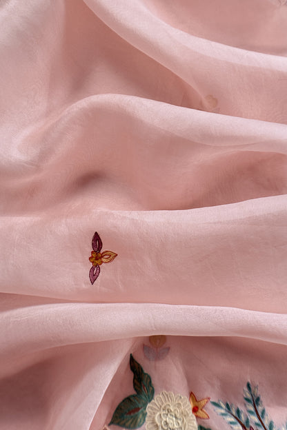 Garden Of Dreams Luxe Baby Pink Handloom Kora Silk Suit Fabric With Appliqué Work And French Thread Embroidery