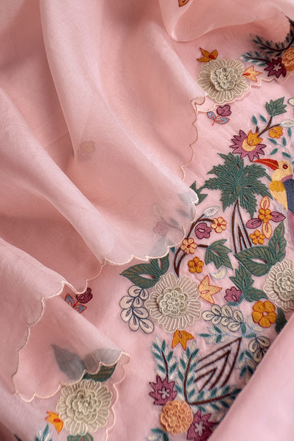 Garden Of Dreams Luxe Baby Pink Handloom Kora Silk Suit Fabric With Appliqué Work And French Thread Embroidery