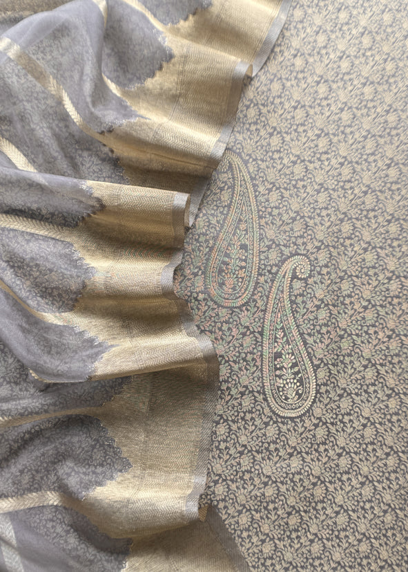 Gray Brocade Kurta With Organza Dupatta