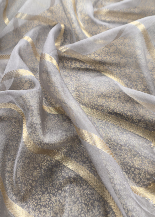 Gray Brocade Kurta With Organza Dupatta
