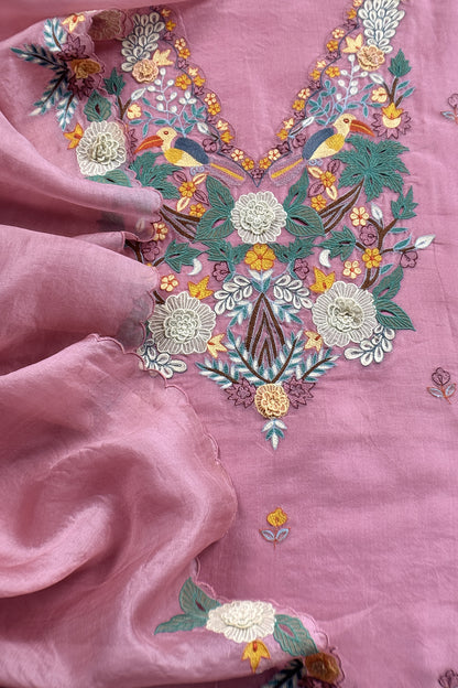 Garden Of Dreams Luxe Baby Pink Handloom Kora Silk Suit Fabric With Appliqué Work And French Thread Embroidery
