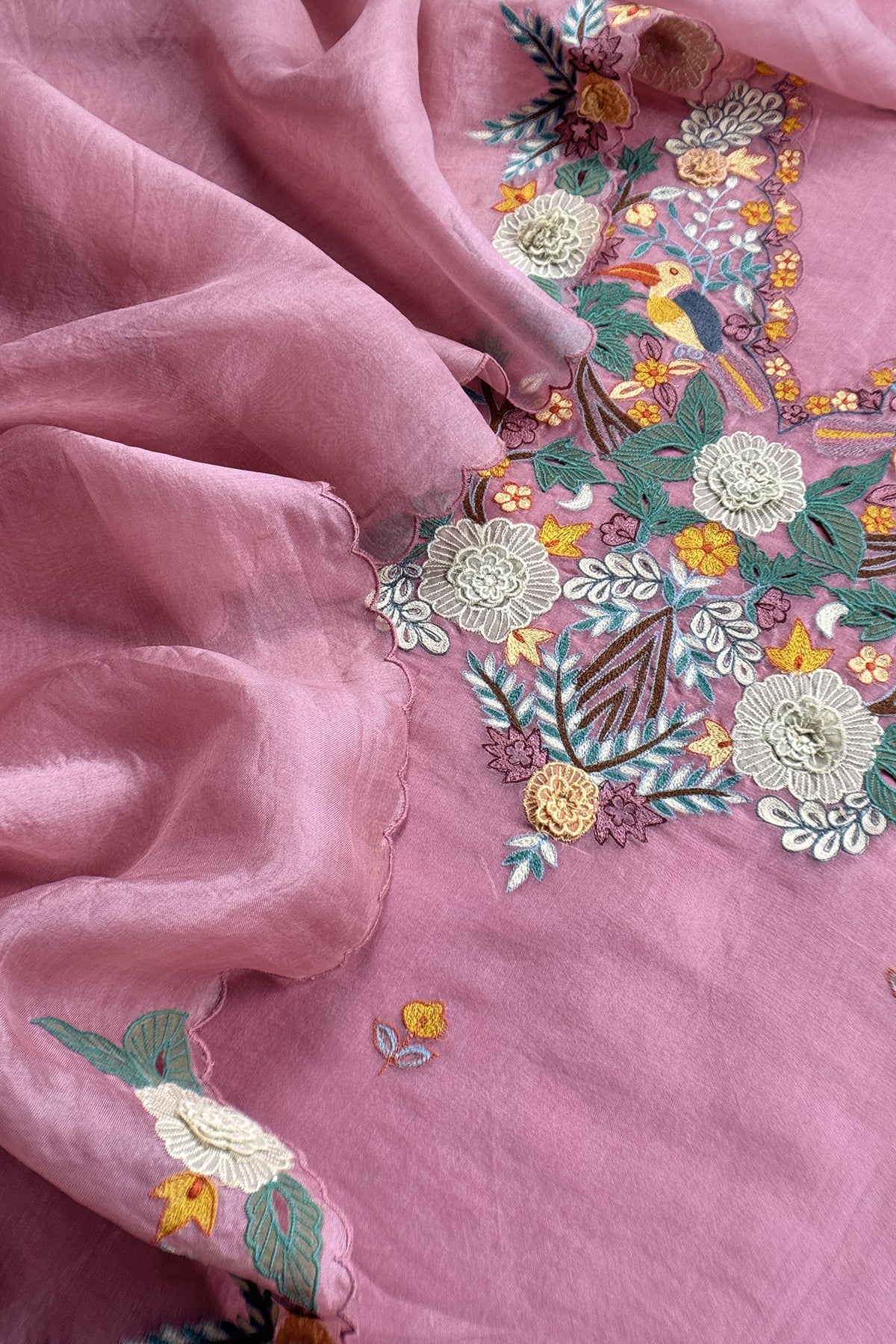 Garden Of Dreams Luxe Baby Pink Handloom Kora Silk Suit Fabric With Appliqué Work And French Thread Embroidery