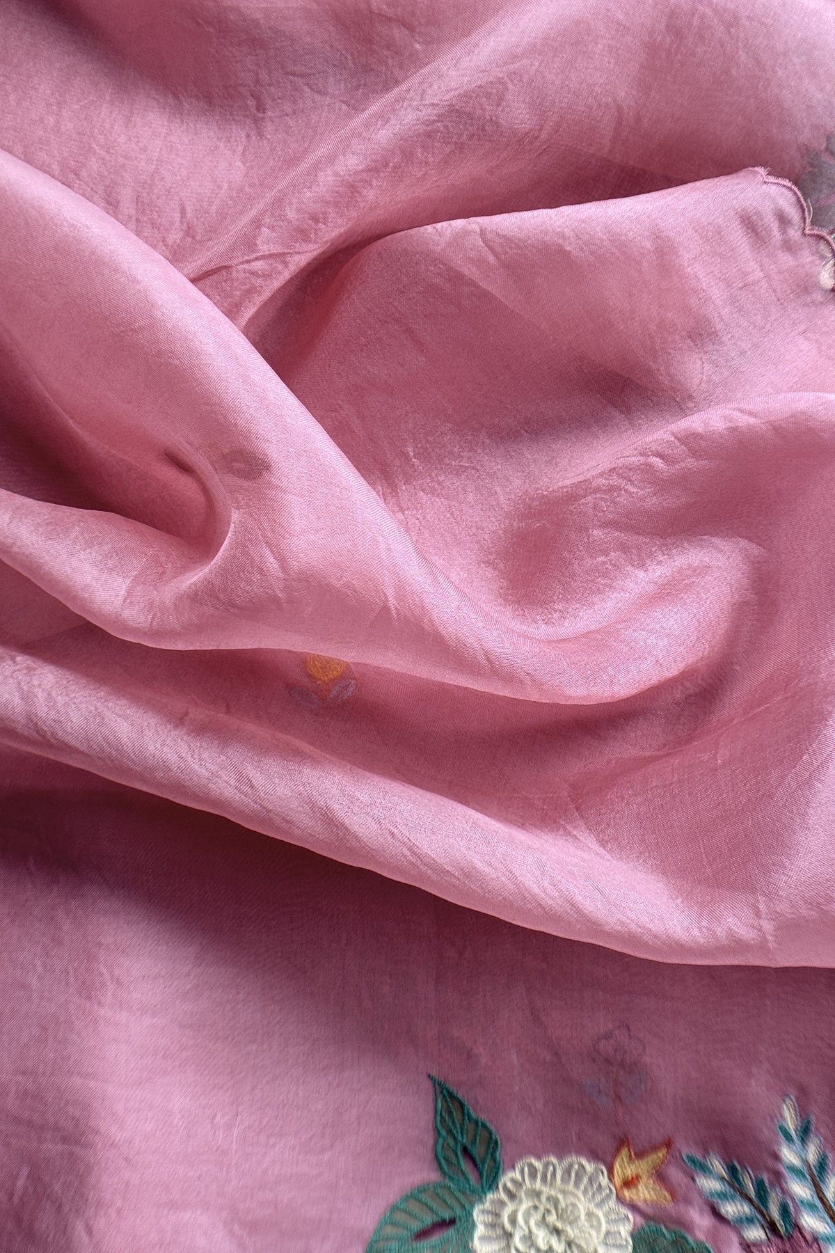 Garden Of Dreams Luxe Baby Pink Handloom Kora Silk Suit Fabric With Appliqué Work And French Thread Embroidery