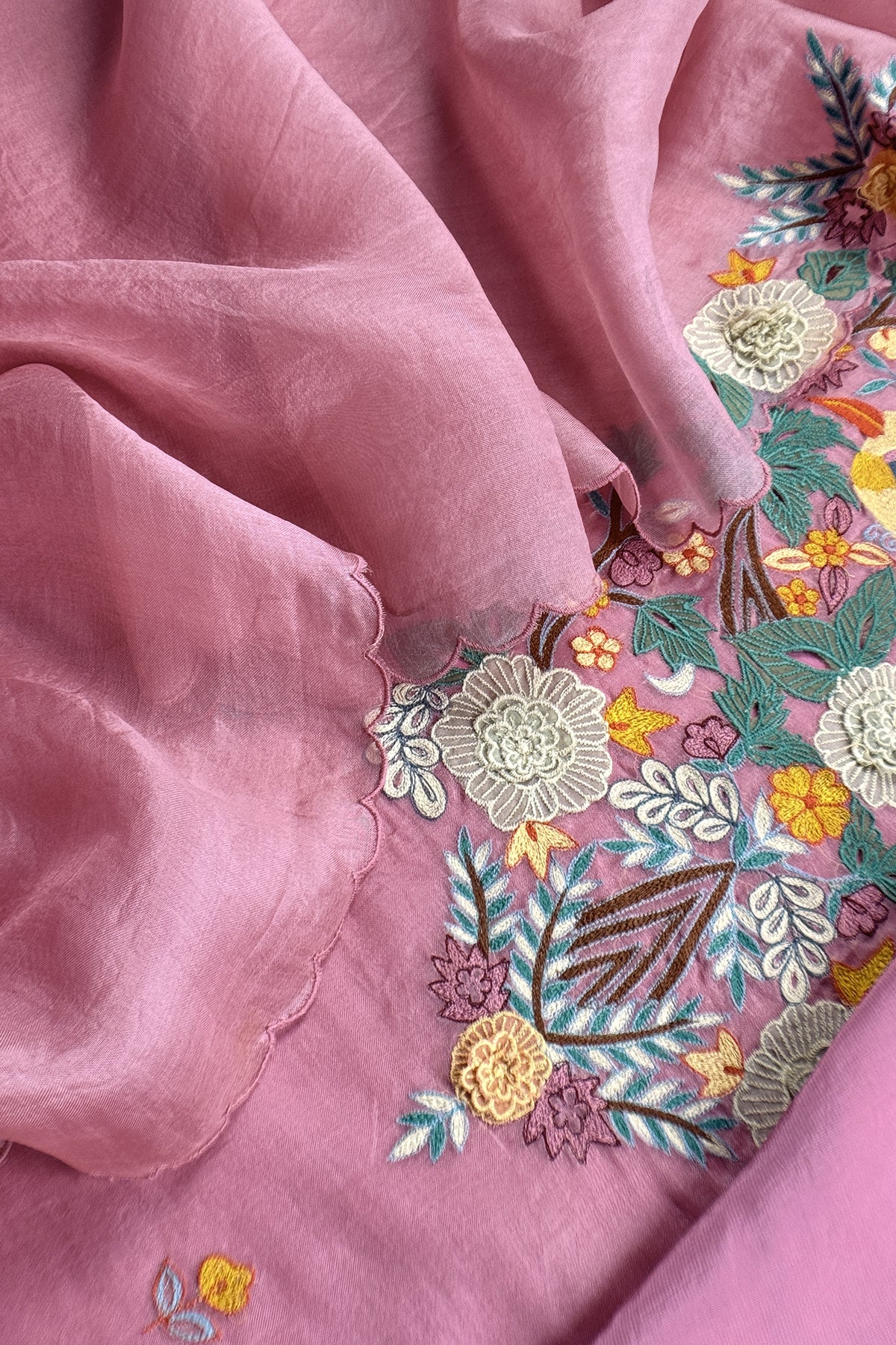 Garden Of Dreams Luxe Baby Pink Handloom Kora Silk Suit Fabric With Appliqué Work And French Thread Embroidery