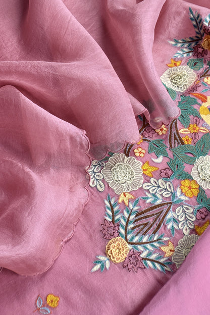Garden Of Dreams Luxe Baby Pink Handloom Kora Silk Suit Fabric With Appliqué Work And French Thread Embroidery