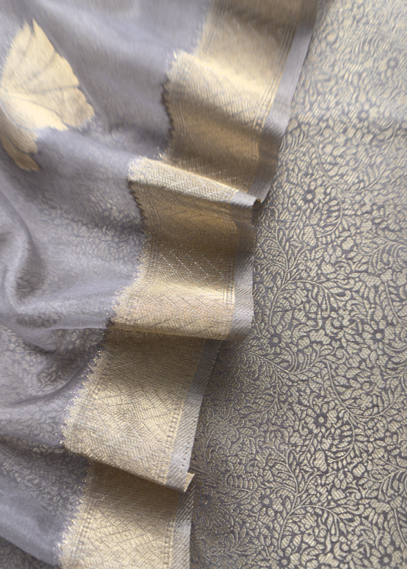 Gray Brocade Kurta With Organza Dupatta