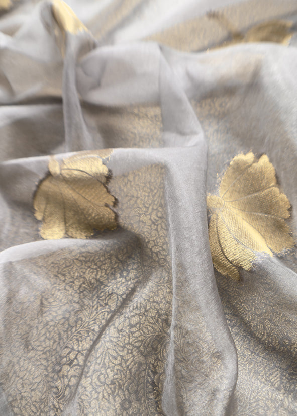 Gray Brocade Kurta With Organza Dupatta