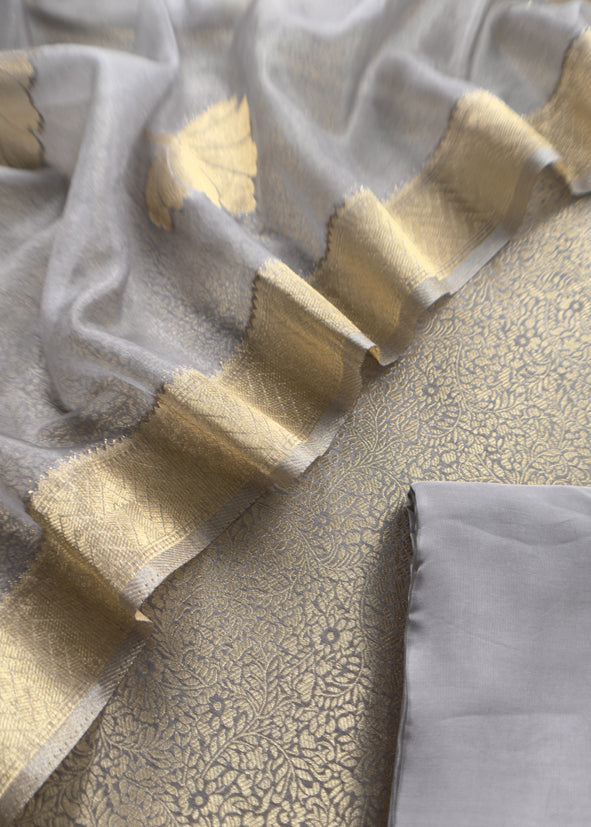 Gray Brocade Kurta With Organza Dupatta